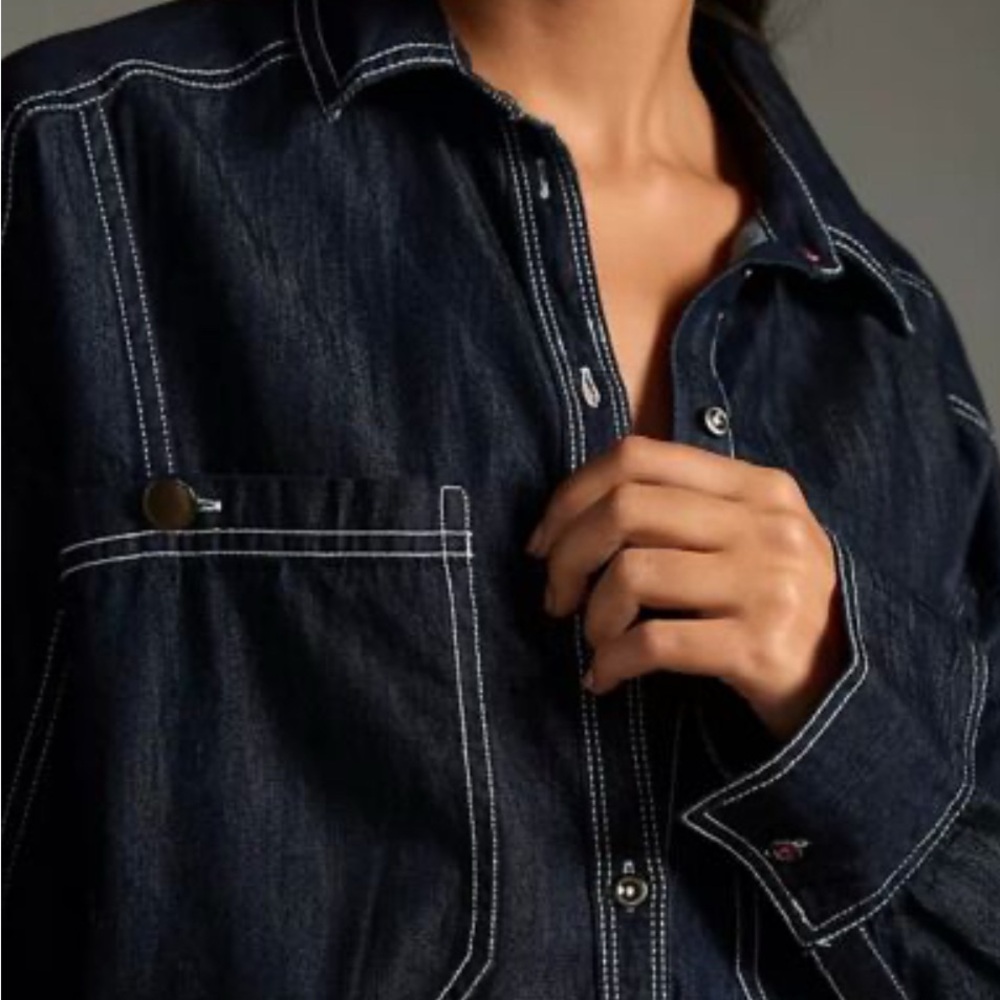 Anthropologie Dark Navy Button-Down Shirt with Contrast White Stitching - Picture 3 of 10